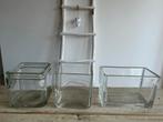 3 vierkante/rechhoekige glazen vazen / accubakken, Overige kleuren, Nieuw, Ophalen of Verzenden, Glas