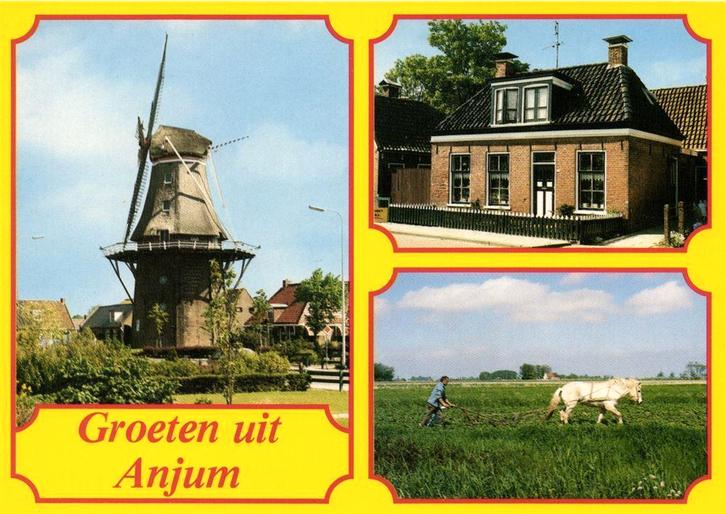 Groeten uit Anjum - 3 afb o.a. molen ploeg - ongelopen, Verzamelen, Ansichtkaarten | Nederland, Ongelopen, Noord-Brabant, Voor 1920