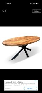 Ovale houten eettafel met metalen onderstel, 100 tot 150 cm, Ophalen of Verzenden, Zo goed als nieuw, 150 tot 200 cm
