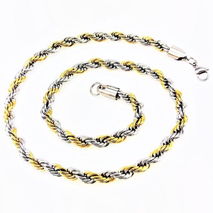 Brede Goudkleurig-Zilverkleurig RVS Gedraaide Koord Ketting, Sieraden, Tassen en Uiterlijk, Kettingen, Nieuw, Overige materialen