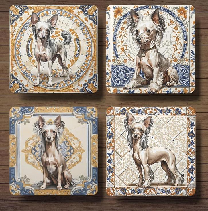 Chinese Naakthond Italiaans tegeltje onderzetters met houder, Huis en Inrichting, Woonaccessoires | Onderzetters, Nieuw, Glas of Kopje