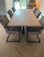 Eiken houten tafel met stalen poot 220 x 100cm, Ophalen, 100 tot 150 cm, 200 cm of meer, Zo goed als nieuw