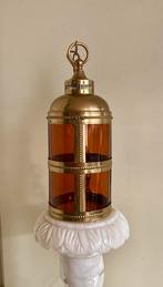 Arts & Crafts hanglamp messing amber geblazen glas Art Deco., Antiek en Kunst, Ophalen of Verzenden