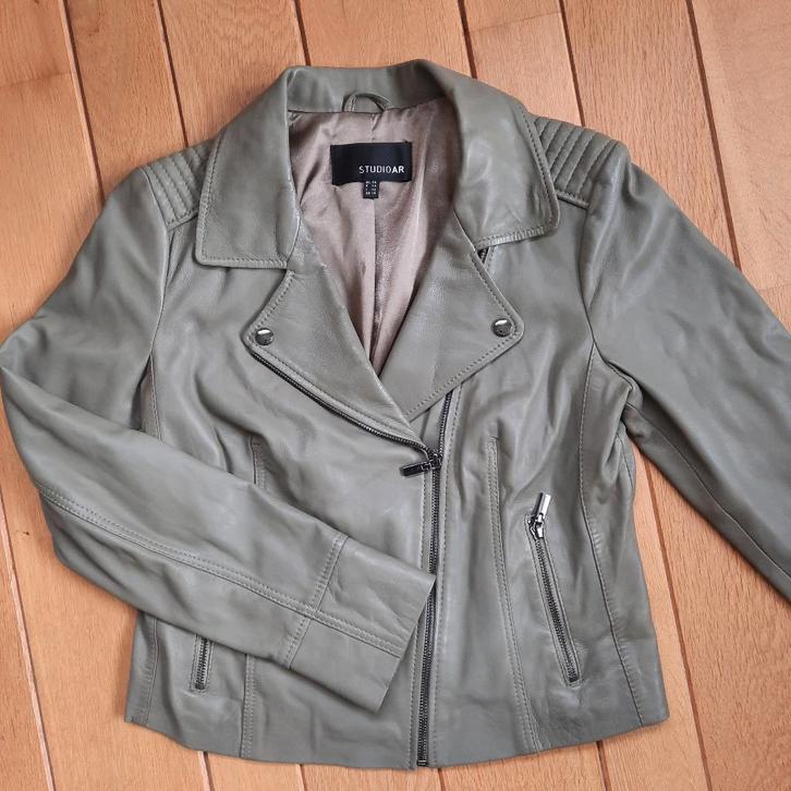 StudioAR Kendal leren bikerjack grijs groen maat 38 - als ni, Kleding | Dames, Jasjes, Kostuums en Pakken, Zo goed als nieuw, Maat 38/40 (M)