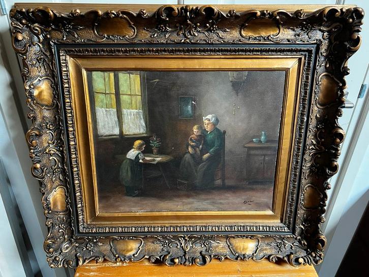 Olieverf op doek.”Huiselijk tafereel”., Antiek en Kunst, Kunst | Schilderijen | Klassiek, Ophalen of Verzenden