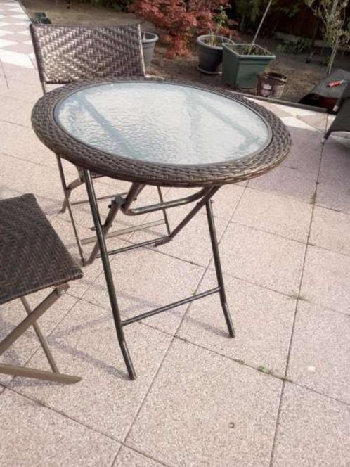 Bruin polyRotan tuin/balkon ronde tafel, geharde glasplaat, Tuin en Terras, Tuintafels, Nieuw, Rond, Wicker, Ophalen of Verzenden