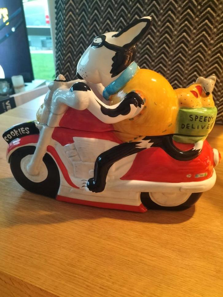 Aardewerk Koekjestrommel Katten op Motor - Rayware, Antiek en Kunst, Antiek | Keramiek en Aardewerk, Ophalen