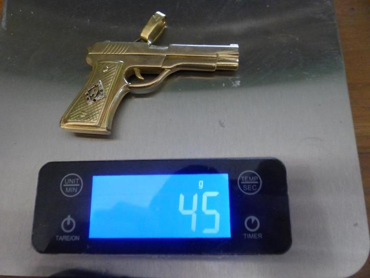 14 karaat gouden pistool kettinghanger, Sieraden, Tassen en Uiterlijk, Kettinghangers, Zo goed als nieuw, Goud, Goud, Ophalen