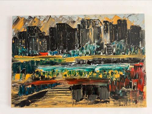 Olieverf op doek schilderij Urban de grens Daan Langeweg, Antiek en Kunst, Kunst | Schilderijen | Abstract, Ophalen of Verzenden