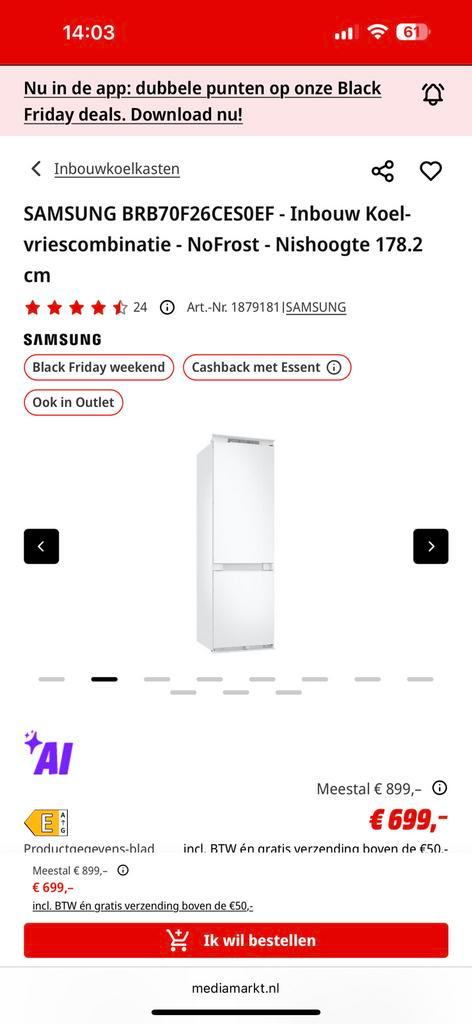 Inbouw koelkast samsung, Witgoed en Apparatuur, Koelkasten en IJskasten, Zo goed als nieuw, Met aparte vriezer, 200 liter of meer