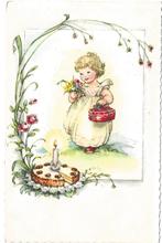 Meisje met cadeautje en taart met 1 kaarsje  -  feestkaart, Ongelopen, Kinderen, Ophalen of Verzenden, 1920 tot 1940