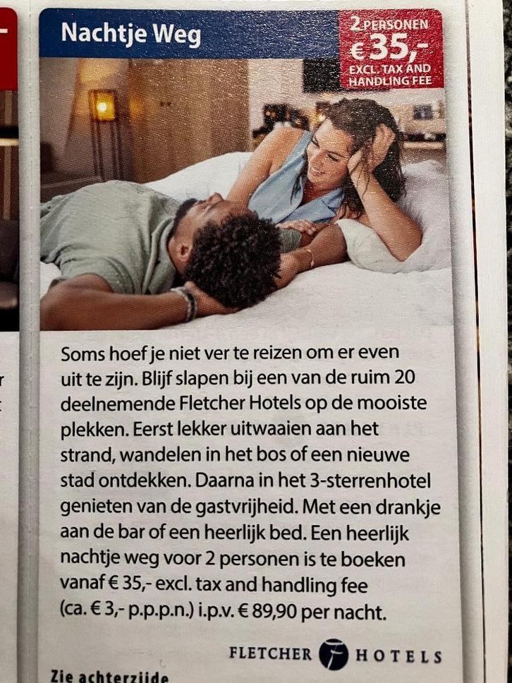 Fletcher overnachting 2 personen vanaf 35 euro 17.50 pp, Tickets en Kaartjes, Kortingen en Cadeaubonnen, Twee personen, Overige typen