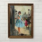 Oud schilderij poserende vrouw ballerina stad plein, Antiek en Kunst, Kunst | Schilderijen | Klassiek, Verzenden
