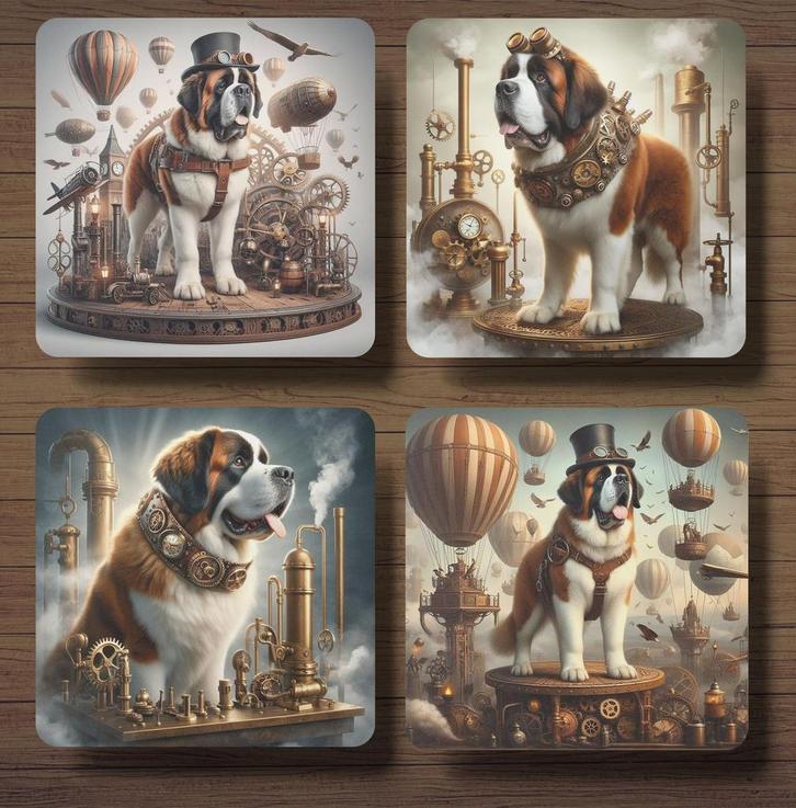 Sint Bernard Steampunk onderzetters met houder, Huis en Inrichting, Woonaccessoires | Onderzetters, Nieuw, Glas of Kopje, Ophalen of Verzenden