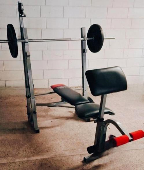 Verstelbare BankDrukBank, halterstang & 2x 10kg schijven, Sport en Fitness, Fitnessmaterialen, Gebruikt, Fitnessbank, Armen, Benen