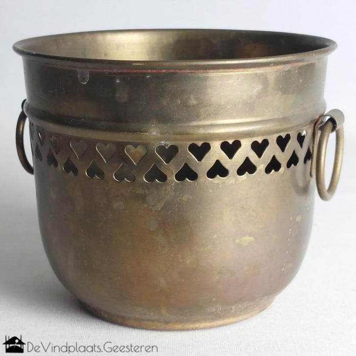 Koperen bloempot met hartjes, Tuin en Terras, Bloempotten, Zo goed als nieuw, Metaal, Minder dan 40 cm, Minder dan 25 cm, Rond