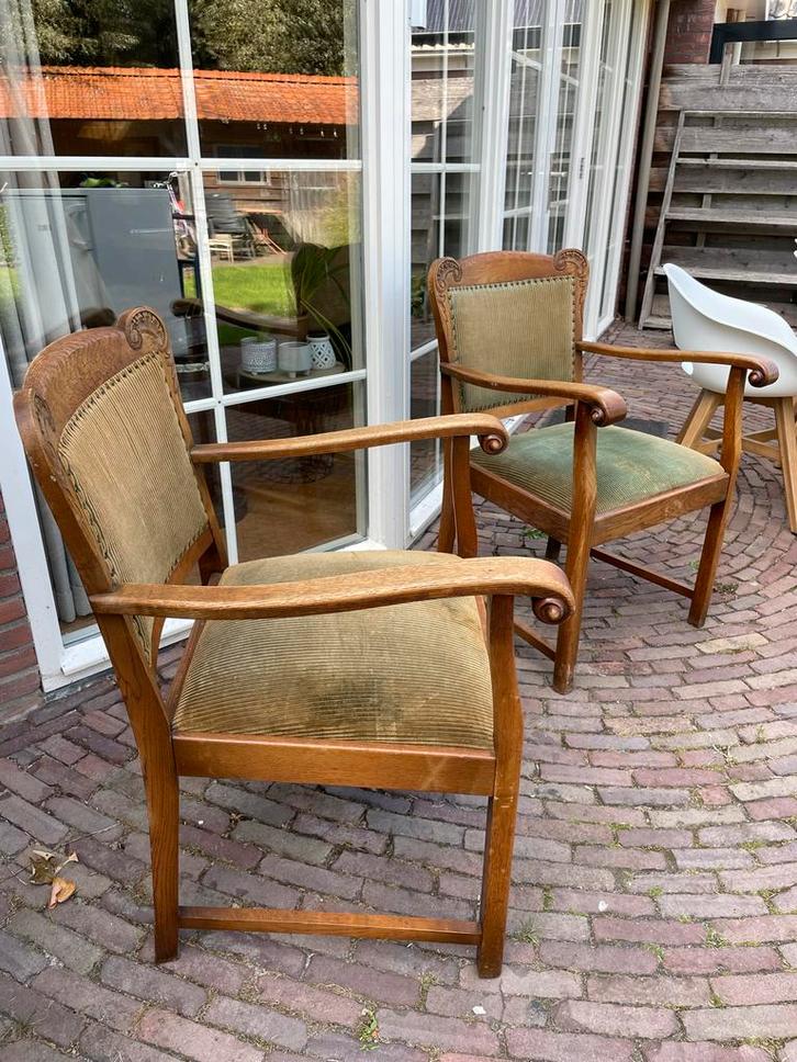 Antieke stoelen met armleuningen, groene corduroy bekleding, Antiek en Kunst, Antiek | Meubels | Stoelen en Banken, Ophalen