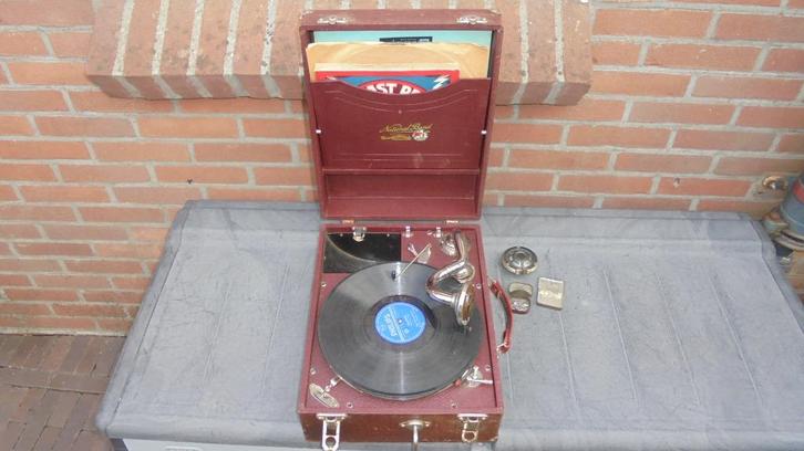 antiek platenspeler in koffer met toebehoor, Antiek en Kunst, Antiek | Tv's en Audio, Ophalen