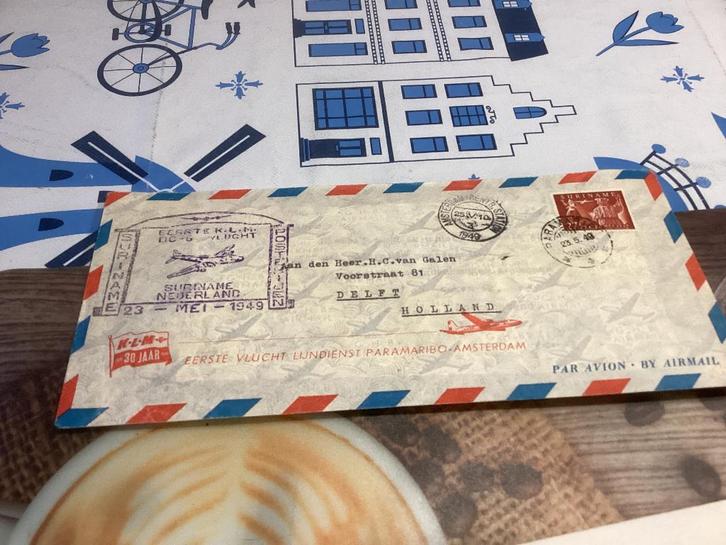 No9020 KLM Suriname Nederland eerste vlucht 23-5-1949 Heb, Postzegels en Munten, Postzegels | Eerstedagenveloppen, Beschreven