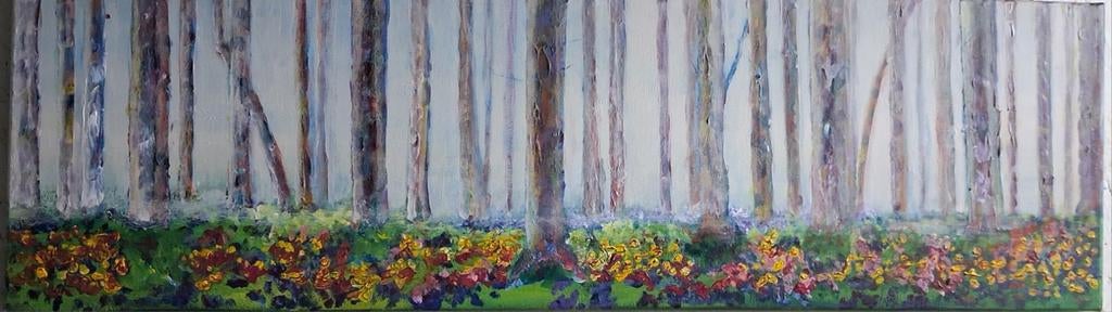 Schilderij: Boslandschap met bloemen, Ophalen of Verzenden