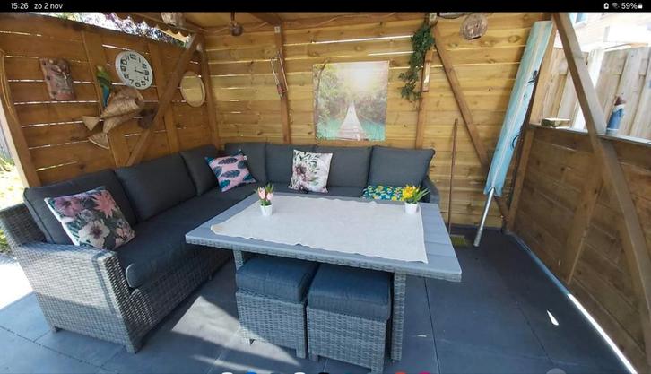 Loungeset met kussens en hoes - Weinig gebruikt, Tuin en Terras, Tuinsets en Loungesets, Gebruikt, Loungeset, Wicker, 5 zitplaatsen