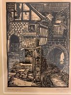 Houtsnede - Wartburghof door Carl.... gesigneerd, Antiek en Kunst, Kunst | Etsen en Gravures, Ophalen of Verzenden