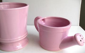 Bloempot + Gieter Roze~aardewerk~Roze planten set~Bloempotje beschikbaar voor biedingen