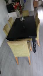 Gratis!  Zwarte tafel met eiken poten + 6 lime stoelen, Huis en Inrichting, Tafels | Eettafels, Ophalen, Gebruikt, 100 tot 150 cm