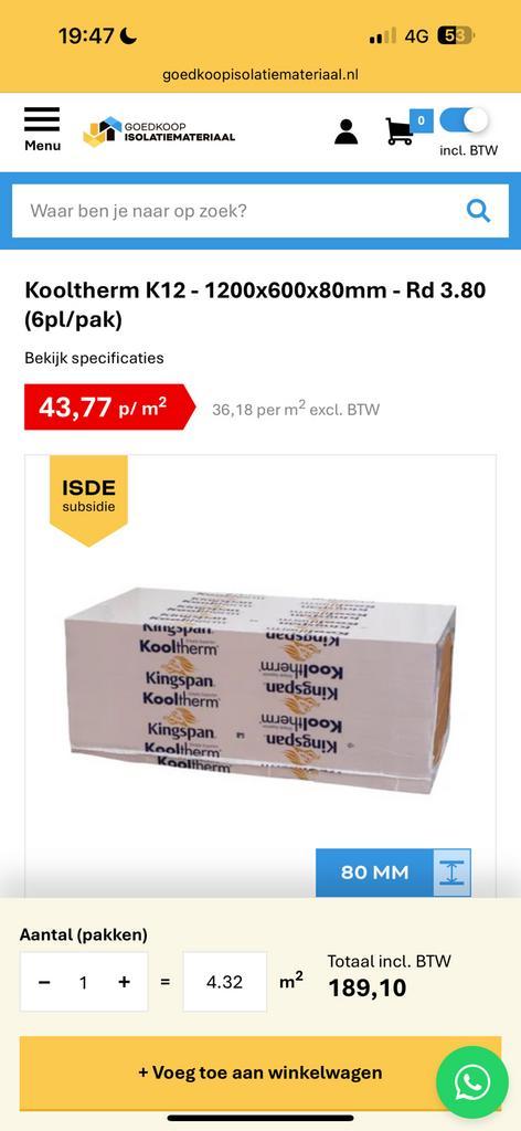 4 harde isolatie platen, kingspan resol, kooltherm k12, Doe-het-zelf en Verbouw, Isolatie en Afdichting, Nieuw, Hardschuim (Pir)