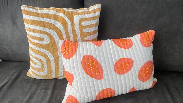 Twee vrolijke sierkussens van Karwei, Huis en Inrichting, Woonaccessoires | Kussens, Zo goed als nieuw, Vierkant, Ophalen of Verzenden