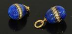 Rusland blauw emaille 14k fabergei ei hangers goud oorbellen, Ophalen of Verzenden, Goud, Hanger, Met edelsteen