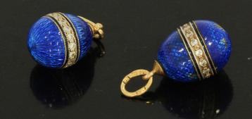 Rusland blauw emaille 14k fabergei ei hangers goud oorbellen beschikbaar voor biedingen
