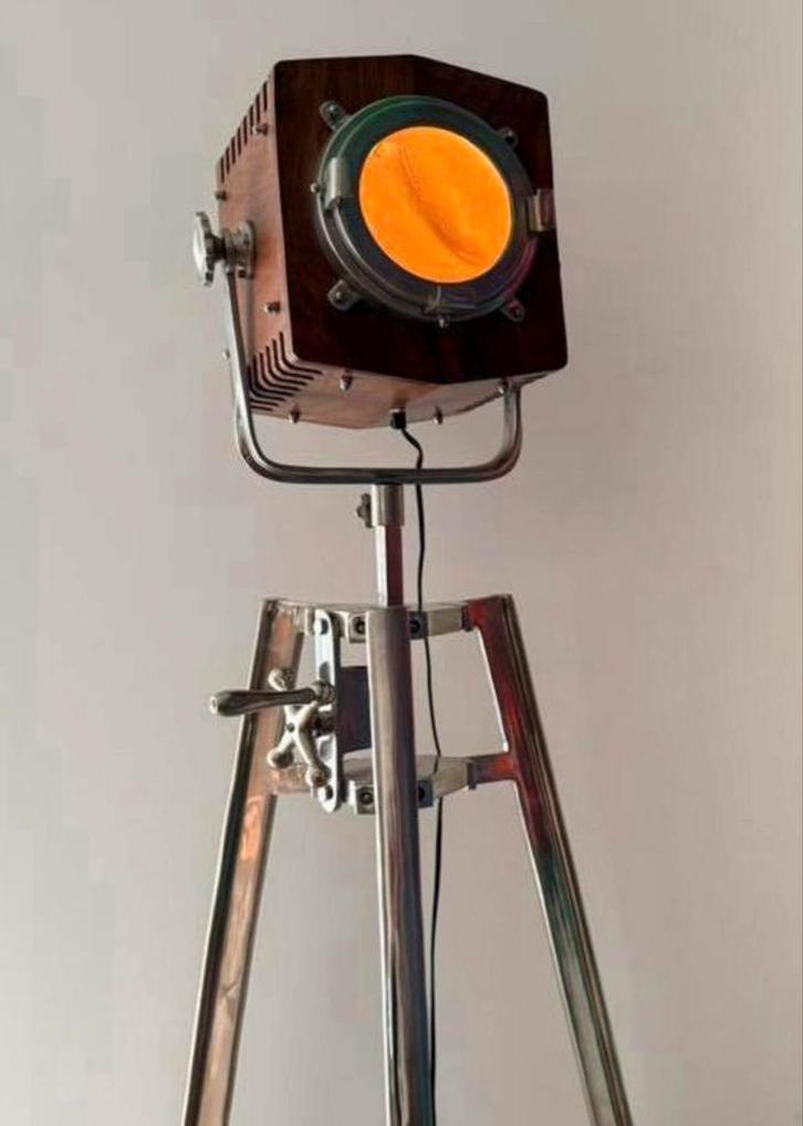 Hollywood Lamp - Chroom & Hout - Verstelbaar, Huis en Inrichting, Lampen | Vloerlampen, Zo goed als nieuw, 150 tot 200 cm, Hout