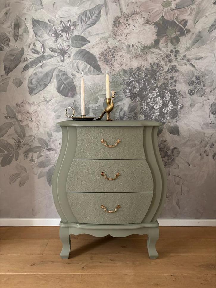 Barok buikkastje, groen met gouden details, Huis en Inrichting, Kasten | Ladekasten, Gebruikt, 50 tot 100 cm, 25 tot 50 cm, Overige houtsoorten