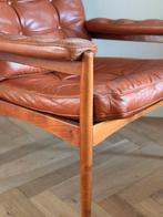 Vintage fauteuil Zweden Göte Möbler bruin leer jaren 50/60, Huis en Inrichting, Fauteuils, Ophalen, 50 tot 75 cm, Gebruikt, Vintage design