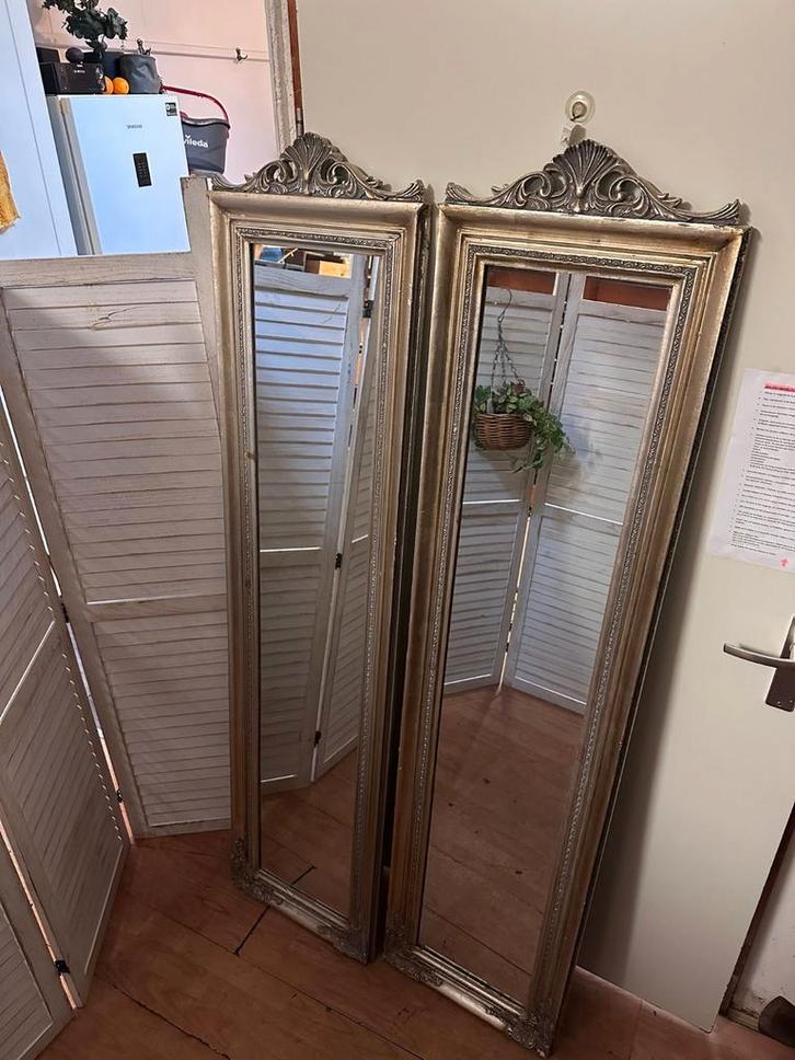 Twee grote spiegels zilveren rand kuifspiegels passpiegel, Antiek en Kunst, Antiek | Spiegels, Rechthoekig, Ophalen