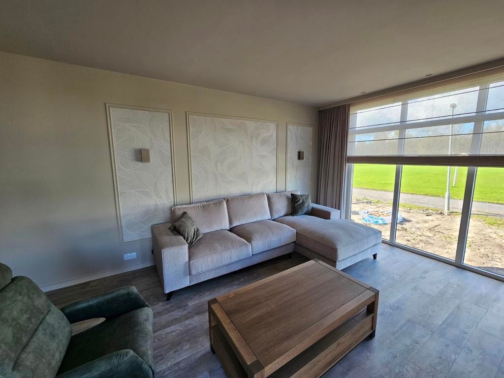 Bank 295 lang met lounge creme stof, Huis en Inrichting, Ophalen of Verzenden, Stof