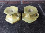 2 gele parelmoer kaarsenstandaard- vintage, Ophalen of Verzenden, Gebruikt, Overige materialen, Minder dan 25 cm