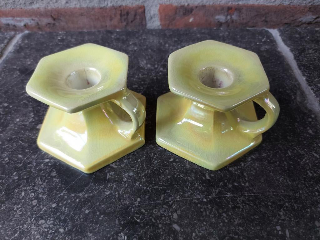 2 gele parelmoer kaarsenstandaard- vintage, Ophalen of Verzenden, Gebruikt, Overige materialen, Minder dan 25 cm
