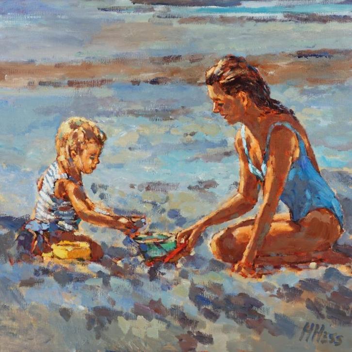 Henri Hess,moeder met kind aan het strand, doekmaat100x100cm, Antiek en Kunst, Kunst | Schilderijen | Klassiek, Ophalen