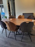 Industriële robuuste eettafel (noten) + stoelen, Huis en Inrichting, 200 cm of meer, Industrieel, 100 tot 150 cm, Gebruikt