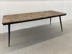Prachtige tafel in teak houten ruitmotief en zwarte poten, Ophalen, 200 cm of meer, 50 tot 100 cm, Zo goed als nieuw