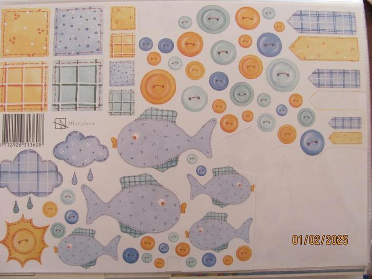 NIEUWSTAAT geel blauw groen KNIPVEL label VISSEN Marjoleine, Hobby en Vrije tijd, Kaarten | Zelf maken, Zo goed als nieuw, Knipvel