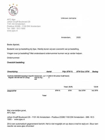 2 Tickets Ajax - Heerenveen beschikbaar voor biedingen