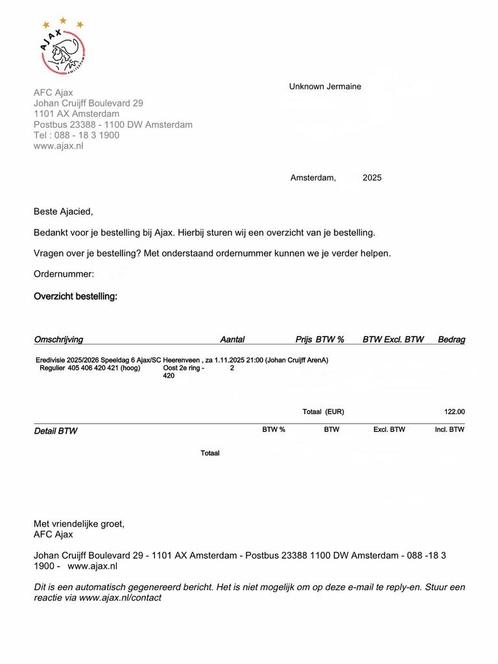 2 Tickets Ajax - Heerenveen, Tickets en Kaartjes, Sport | Voetbal, Twee personen, November, Losse kaart