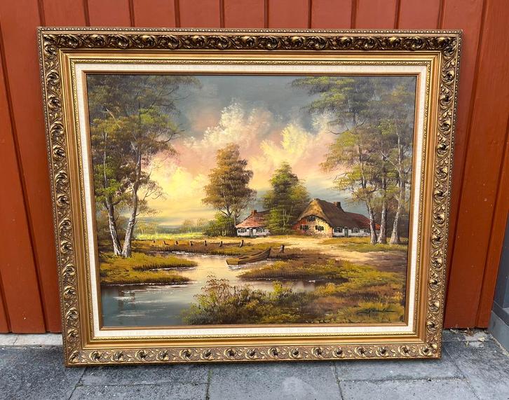 Groot olieverf schilderij met brede gouden lijst Boerderij, Huis en Inrichting, Woonaccessoires | Schilderijen, Tekeningen en Foto's