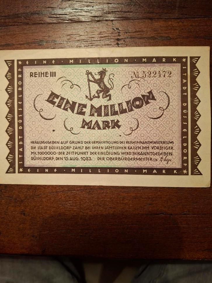 1923 Düsseldorf 1 Miljoen Mark Biljet, Postzegels en Munten, Munten en Bankbiljetten | Toebehoren, Overige typen, Ophalen of Verzenden