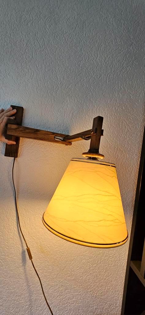 Vintage schaarlamp / treklamp eikenhout met kap, Huis en Inrichting, Lampen | Wandlampen, Gebruikt, Hout, Stof, Ophalen of Verzenden