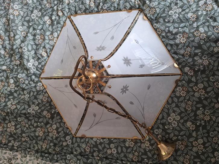 Vintage hanglamp messing/melkglas, Huis en Inrichting, Lampen | Hanglampen, Zo goed als nieuw, Glas, Ophalen