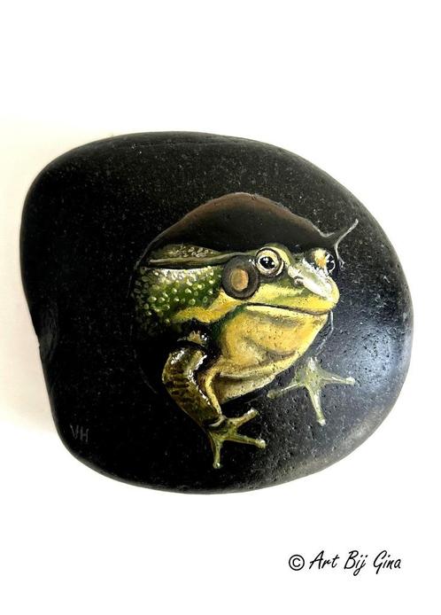 Prince Charming...Groene kikker geschilderd op riviersteen, Antiek en Kunst, Kunst | Overige Kunst, Ophalen of Verzenden